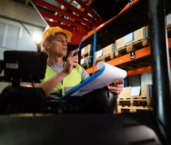 Man met helm en fluovest op een reachtruck met een blad en balpen in de hand