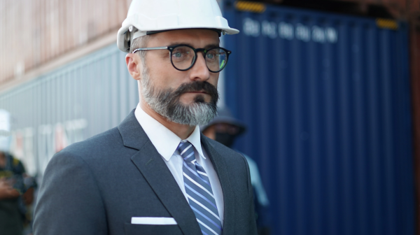 Man in maatpak en met een veiligheidshelm. Zeecontainers in de achtergrond.